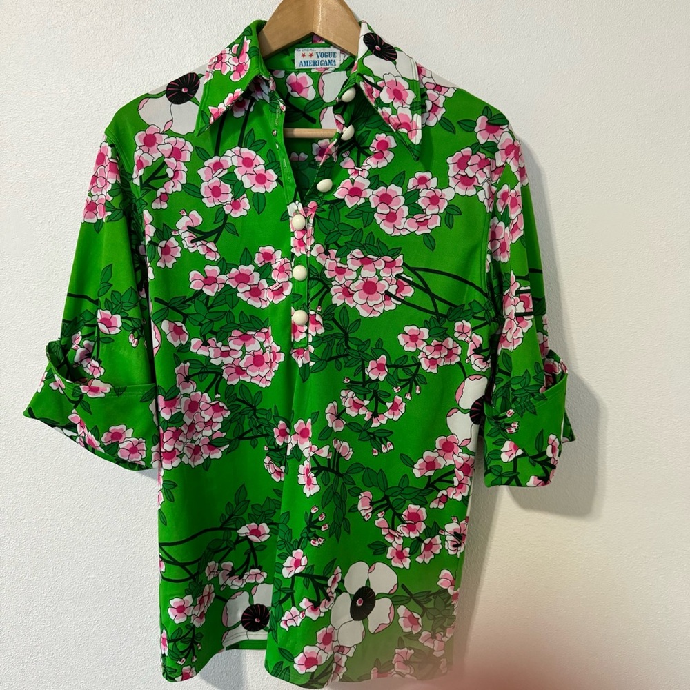 Vintage 70s Vogue Americana Green Floral Cherry Blossom Shirt Hippie Chic-Small